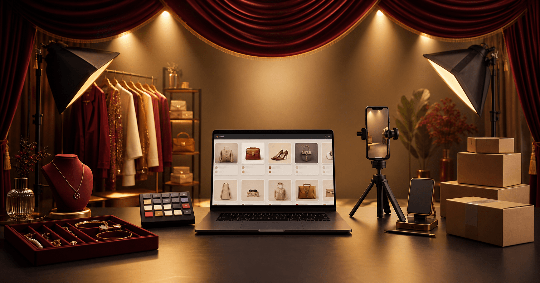 Live Seller Stage command setup with streaming gear, inventory, and stage lighting.
